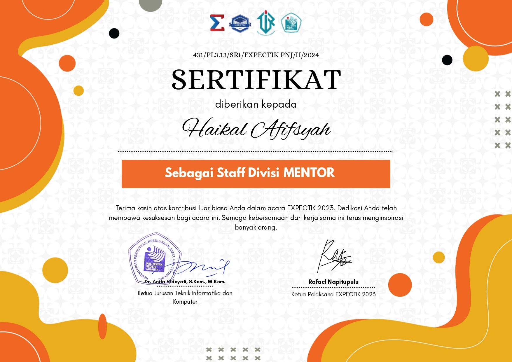 Certificate for Staff Divisi Mentor